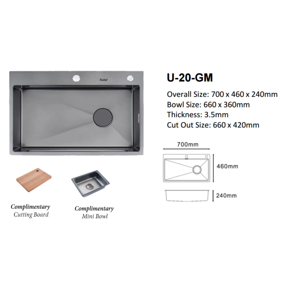 Nobel U-20-GM Lava Stainless Steel Sink - view 2